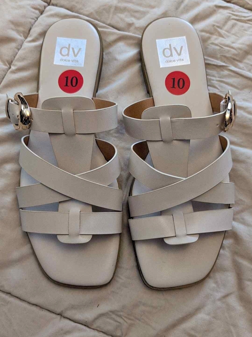 Dolce Vita Cream Leather Strappy Slide Sandals with Buckle